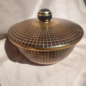 Gorgeous Antique BRÜDER PODBIRA Gilded Grid Topaz Glass Art Deco Covered Dish